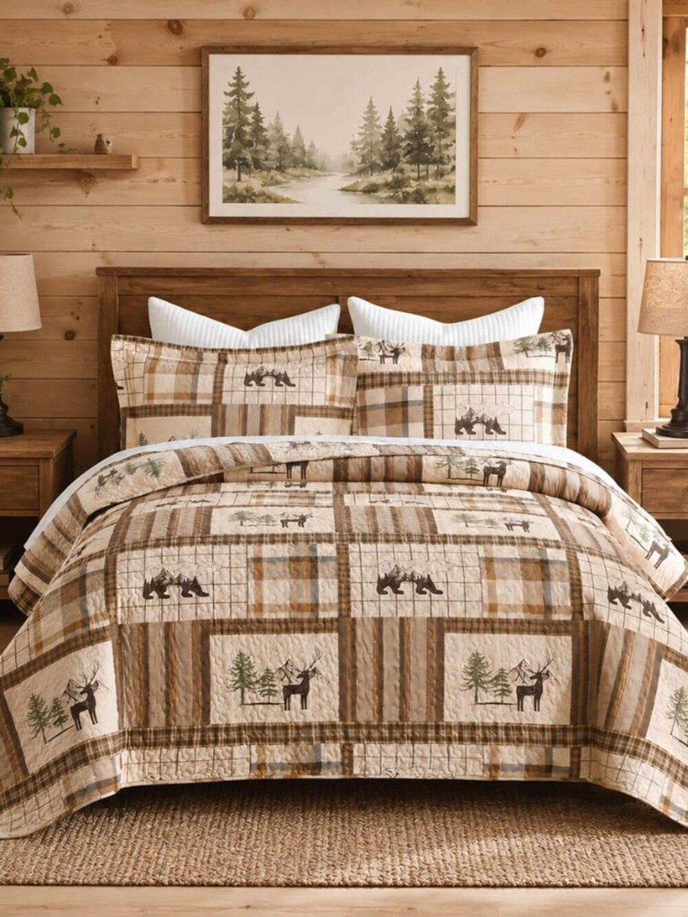 Bear & Deer Queen Quilt Set Rustic Cabin Patchwork Bedspread Brown